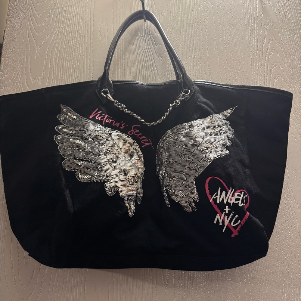 Victoria's Secret Black Tote with Silver Wings and Pink Accents